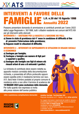 LEGGE N. 30/1998 Fondo statale politiche per la famiglia 2022 - Interventi a favore della famiglia - annualità 2022